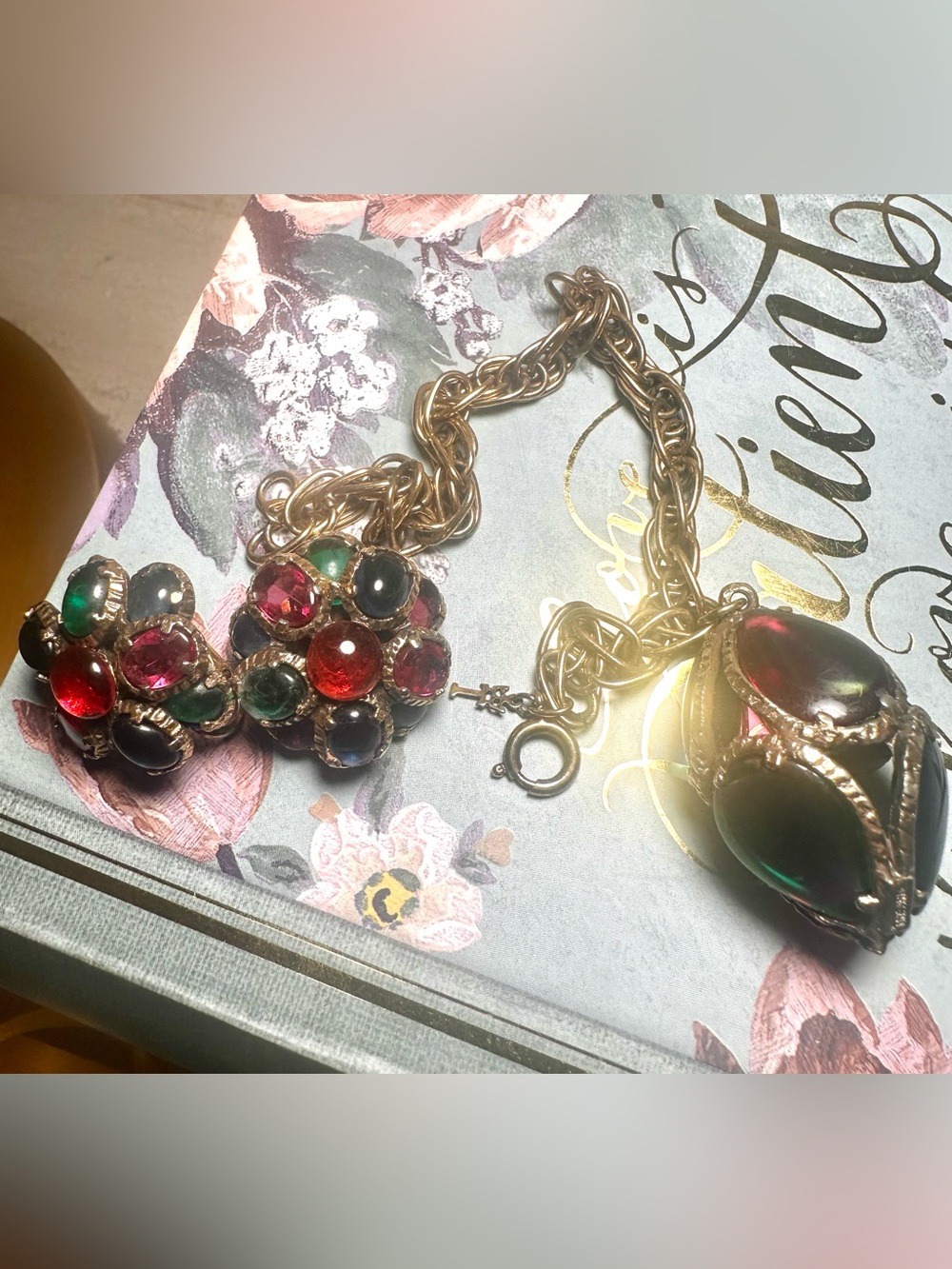 Vintage Crown Trifari Jewel-Tone Statement Necklace & Clip Earrings Set